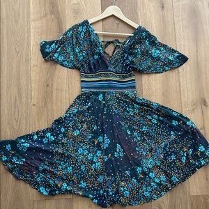 Vintage Yves Jennet Floral Midi Dress in Blue and Green